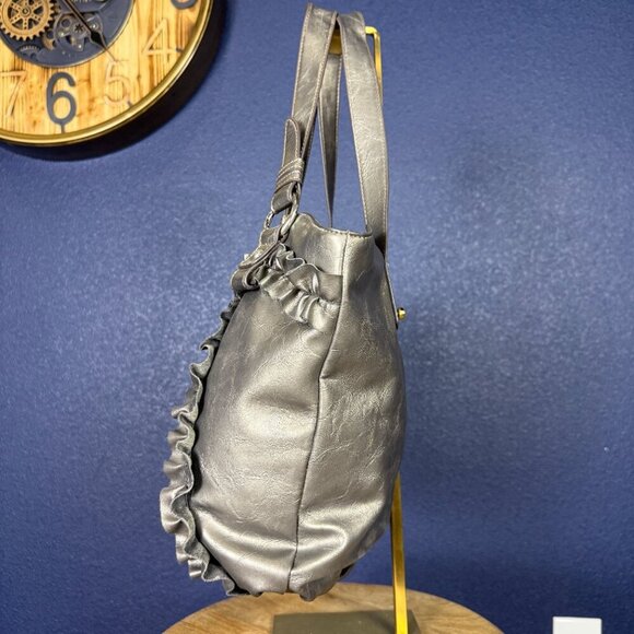 Nine West Y2K Ruffle Gun Metal Silver Satchel Tote Shoulder Bag - Picture 7 of 9